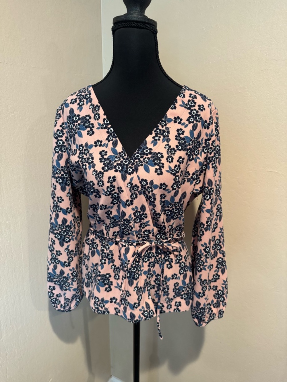 J. Crew Pink and Navy Floral Wrap Blouse with Tie and Side Zipper
